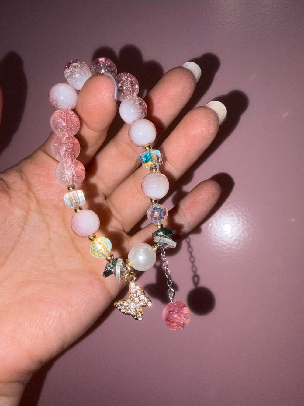 Pink Glass Bead Crystal Beaded Bracelet with Butterfly Charm